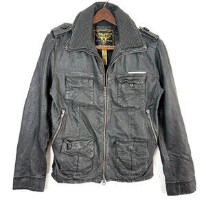 SUPERDRY Distressed Leather Lined Motorcycle Biker Full Zip Jacket Mens M Black